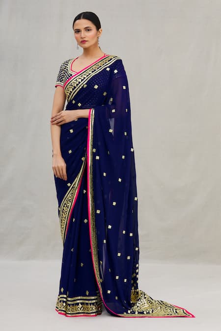 ASAL by Abu Sandeep Blue Viscose Georgette Embroidery Round Saree With Blouse 