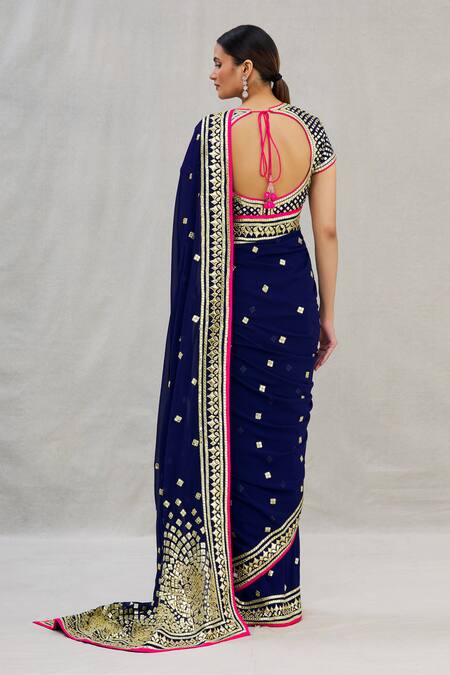 Shop_Asal By Abu Sandeep_Blue Viscose Georgette Embroidery Round Saree With Blouse _at_Aza_Fashions