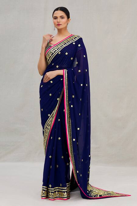 Asal By Abu Sandeep_Blue Viscose Georgette Embroidery Round Saree With Blouse _Online_at_Aza_Fashions
