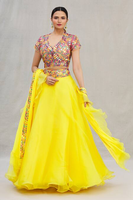 Asal By Abu Sandeep_Yellow Net V Neck Embroidered Lehenga Set_Online_at_Aza_Fashions