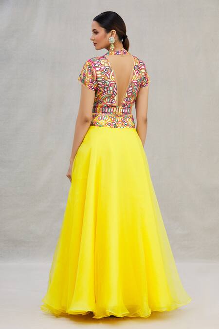 Shop_Asal By Abu Sandeep_Yellow Net V Neck Embroidered Lehenga Set_at_Aza_Fashions