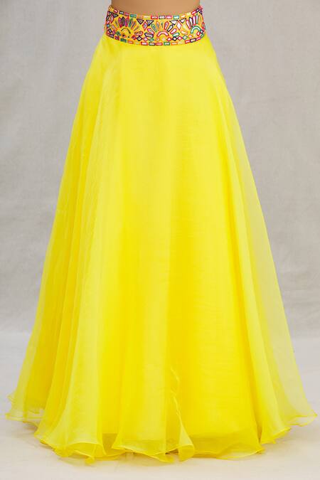Shop_Asal By Abu Sandeep_Yellow Net V Neck Embroidered Lehenga Set_Online_at_Aza_Fashions