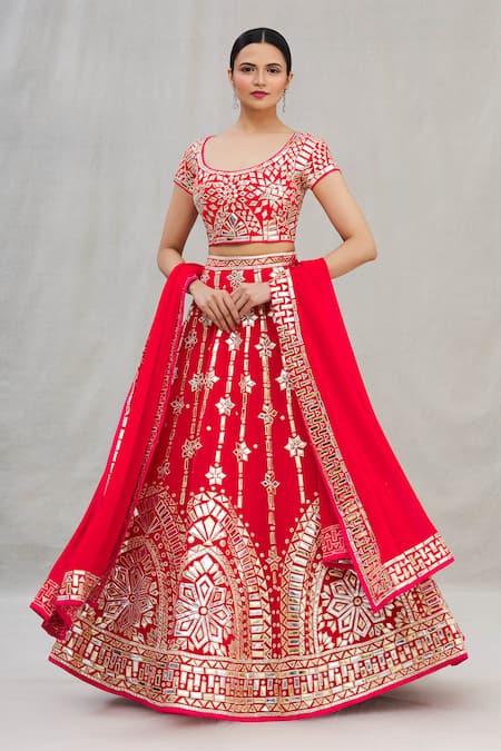 Asal By Abu Sandeep Red Viscose Georgette Embroidery Round Lehenga Set