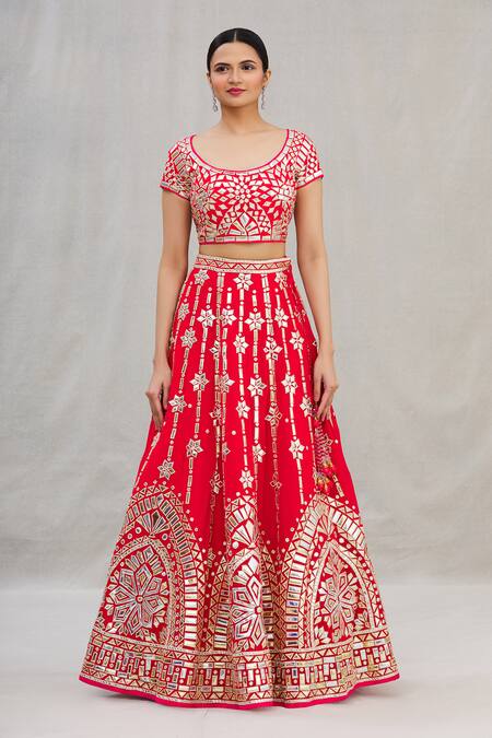 Asal By Abu Sandeep_Red Viscose Georgette Embroidery Round Lehenga Set _Online_at_Aza_Fashions