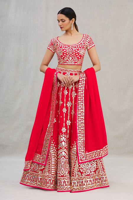 Buy_Asal By Abu Sandeep_Red Viscose Georgette Embroidery Round Lehenga Set _Online_at_Aza_Fashions