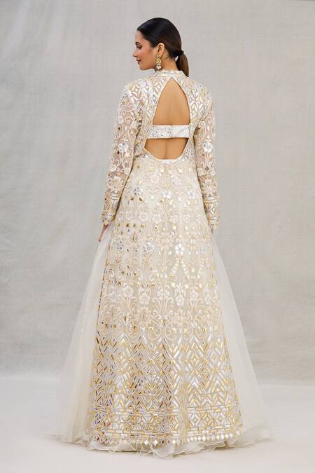 Shop_Asal By Abu Sandeep_White Net Jacket Band Collar Embroidered And Lehenga Set_at_Aza_Fashions