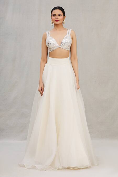 Asal By Abu Sandeep_White Net Jacket Band Collar Embroidered And Lehenga Set_Online_at_Aza_Fashions