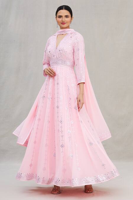 ASAL by Abu Sandeep Pink Embroidery V Neck Anarkali Set 