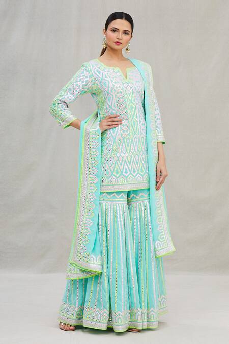 Buy_Asal By Abu Sandeep_Blue Viscose Georgette Round Embroidered Kurta Sharara Set_Online_at_Aza_Fashions