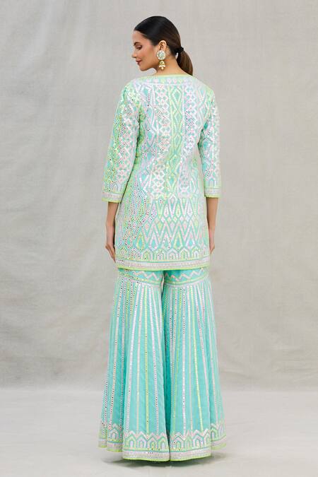 Shop_Asal By Abu Sandeep_Blue Viscose Georgette Round Embroidered Kurta Sharara Set_at_Aza_Fashions