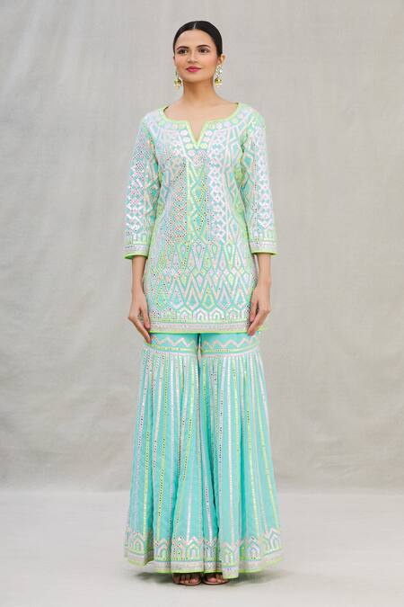 Asal By Abu Sandeep_Blue Viscose Georgette Round Embroidered Kurta Sharara Set_Online_at_Aza_Fashions