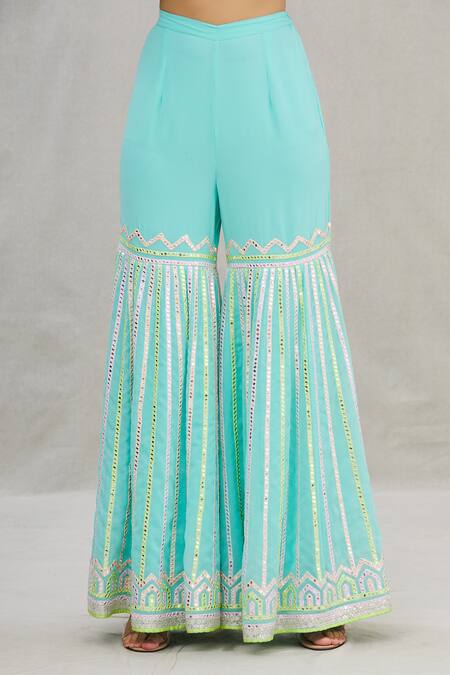 Shop_Asal By Abu Sandeep_Blue Viscose Georgette Round Embroidered Kurta Sharara Set_Online_at_Aza_Fashions