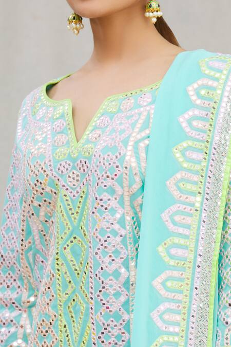 Asal By Abu Sandeep_Blue Viscose Georgette Round Embroidered Kurta Sharara Set_at_Aza_Fashions