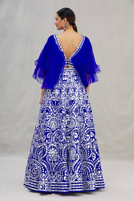 Shop_Asal By Abu Sandeep_Blue Viscose Georgette Embroidery V Neck Pleated Blouse And Lehenga Set _at_Aza_Fashions