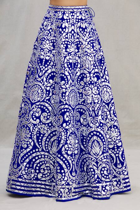 Shop_Asal By Abu Sandeep_Blue Viscose Georgette Embroidery V Neck Pleated Blouse And Lehenga Set _Online_at_Aza_Fashions