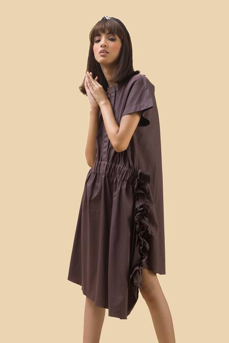 Chillosophy Brown Poplin Band Collar Asymmetric Anti-fit Dress 
