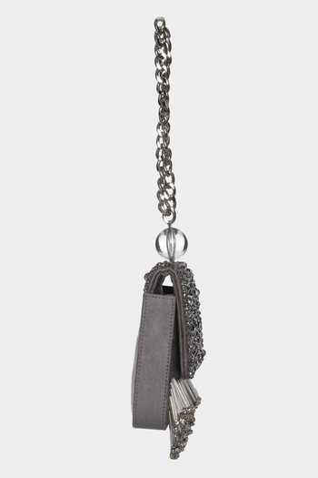 Aanchal Sayal_Black Crystals, Tassels Embroidered Mini Flap Bag_Online_at_Aza_Fashions