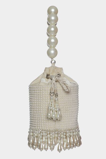 Aanchal Sayal_White Embroidered Zara Tassel Bucket Bag_Online_at_Aza_Fashions