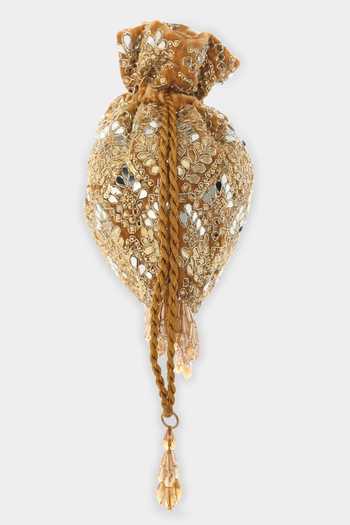 Aanchal Sayal_Gold Embroidery, Crystals Velvet Potli Bag_Online_at_Aza_Fashions