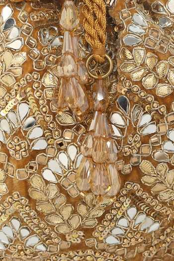 Shop_Aanchal Sayal_Gold Embroidery, Crystals Velvet Potli Bag_Online_at_Aza_Fashions