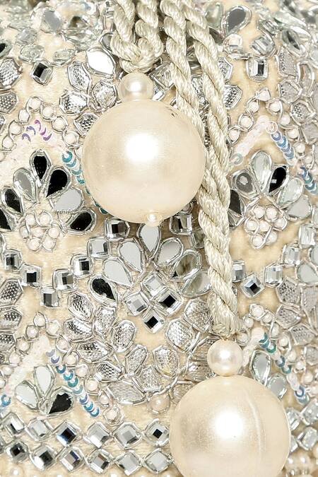 Shop_Aanchal Sayal_White Pearls, Sequins Gabriella Velvet Bucket Bag _Online_at_Aza_Fashions