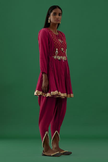 Buy_5elements_Red 100% Cotton With Silk Brocade Yoke Crushed Anarkali And Dhoti Pant Set _Online_at_Aza_Fashions