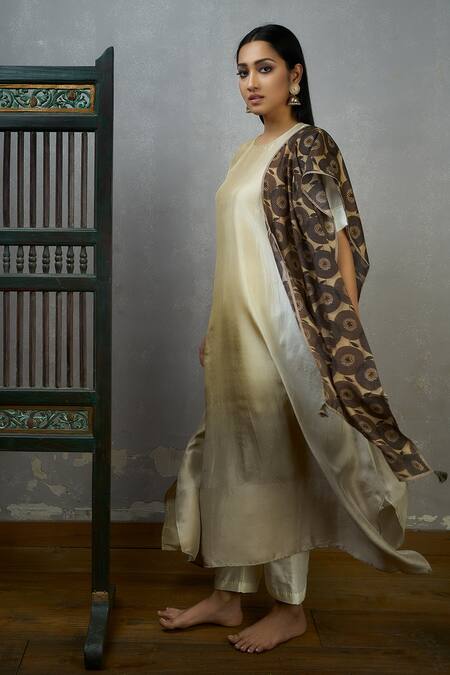 Meghna Panchmatia Beige Natural Dupion Crepe Silk Round Long Kurta With Printed Dupatta Online at Aza Fashions Meghna Panchmatia_Beige Natural Dupion Crepe Silk Round Long Kurta With Printed Dupatta _Online_at_Aza_Fashions