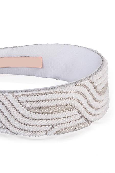Shop_Hair Drama CO_White Cutdana And Beads Geometric Embellished Headband _Online_at_Aza_Fashions