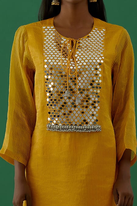 Buy 5elements Yellow Chanderi Silk Tissue Embellishment Mirror And Ghungroo Round Kurta Set Online at Aza Fashions Buy_5elements_Yellow Chanderi Silk Tissue Embellishment Mirror And Ghungroo Round Kurta Set _Online_at_Aza_Fashions