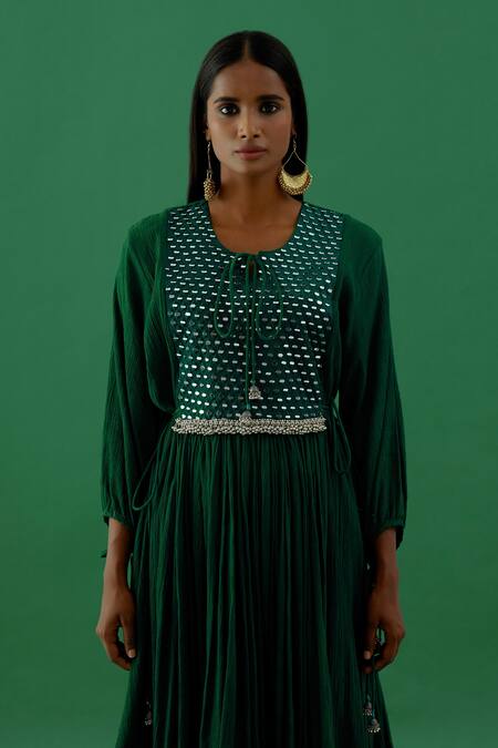 Buy 5elements Green Cotton Embellishment Mirror And Ghungroo Round Work Anarkali Set Online at Aza Fashions Buy_5elements_Green Cotton Embellishment Mirror And Ghungroo Round Work Anarkali Set _Online_at_Aza_Fashions