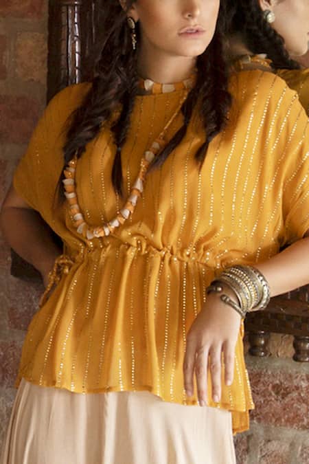 Shop Enech Yellow Top Shimmer Georgette Pant Silk Modal Embellished Kaftan With Draped Online at Aza Fashions Shop_Enech_Yellow Top Shimmer Georgette Pant Silk Modal Embellished Kaftan With Draped _Online_at_Aza_Fashions