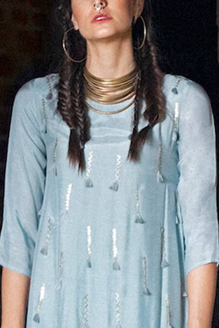 Enech Blue Silk Modal Round Embellished Kurta With Palazzo Online at Aza Fashions Enech_Blue Silk Modal Round Embellished Kurta With Palazzo _Online_at_Aza_Fashions