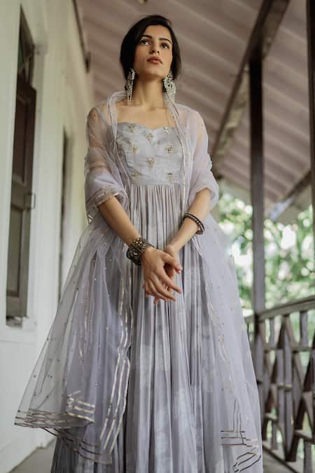 Paulmi and Harsh Grey Cotton Silk Printed Anarkali With Dupatta