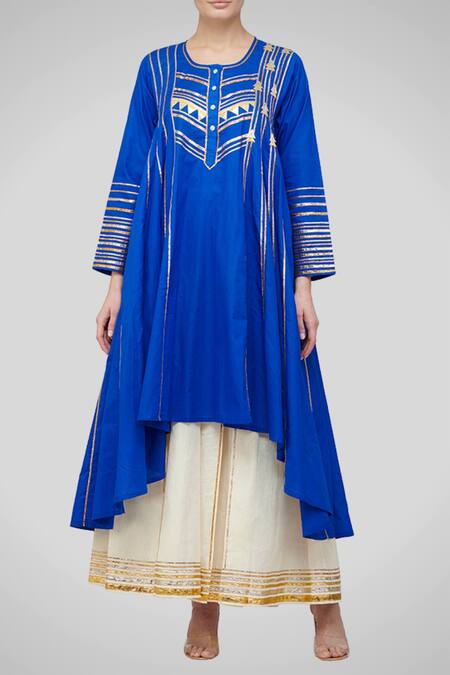 Gulabo By Abu Sandeep_Blue Cotton Asymmetric Kalidar Kurta_Online_at_Aza_Fashions