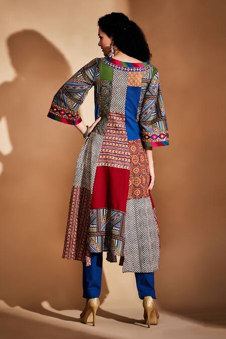 Gulabo By Abu Sandeep Multi Color Patchwork Mirror Work Boat Neck Kurta Online at Aza Fashions Gulabo By Abu Sandeep_Multi Color Patchwork Mirror Work Boat Neck Kurta _Online_at_Aza_Fashions