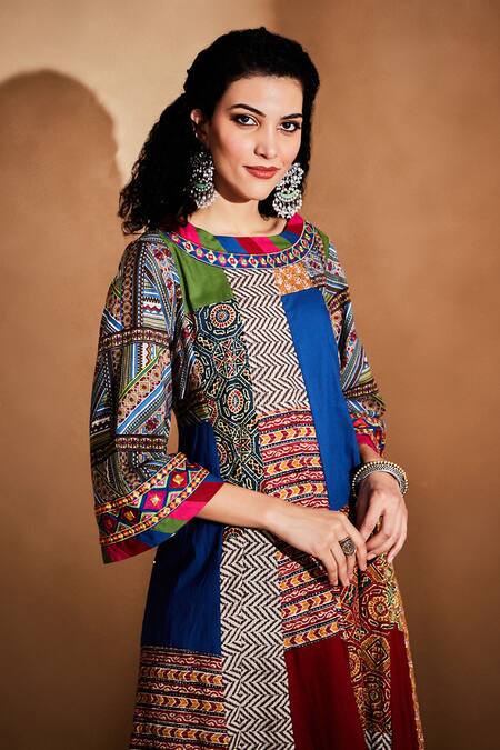 Buy Gulabo By Abu Sandeep Multi Color Patchwork Mirror Work Boat Neck Kurta Online at Aza Fashions Buy_Gulabo By Abu Sandeep_Multi Color Patchwork Mirror Work Boat Neck Kurta _Online_at_Aza_Fashions