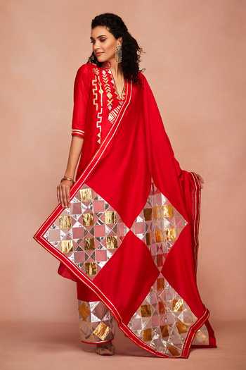 Shop Gulabo By Abu Sandeep Red Chanderi Silk A-line Kurta Online at Aza Fashions Shop_Gulabo By Abu Sandeep_Red Chanderi Silk A-line Kurta _Online_at_Aza_Fashions