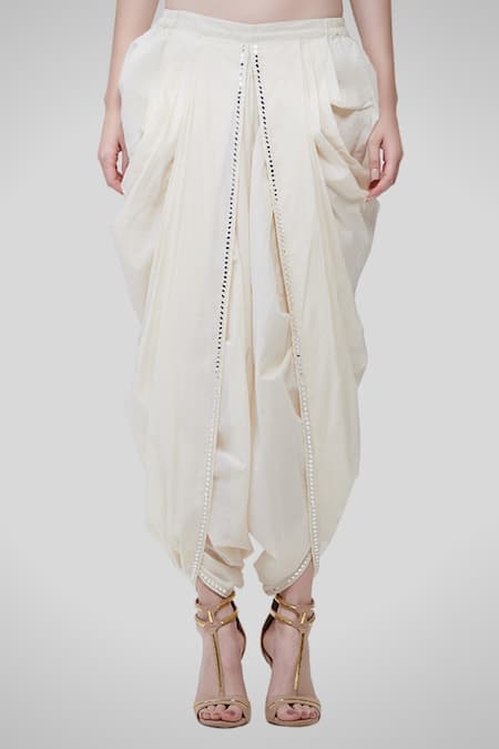 Shop_Gulabo by Abu Sandeep_White Kora Cotton Embroidered Dhoti Pants_at_Aza_Fashions