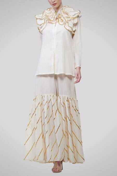 Gulabo by Abu Sandeep White Kora Cotton Embroidered Sharara Pants