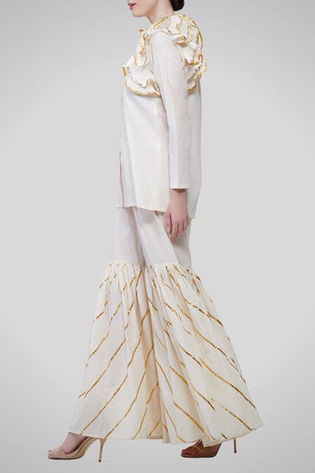 Gulabo By Abu Sandeep_White Kora Cotton Embroidered Sharara Pants_Online_at_Aza_Fashions