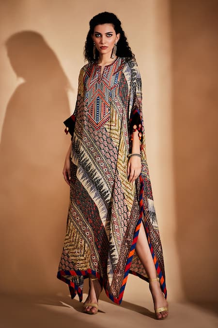 Buy_Gulabo By Abu Sandeep_Multi Color Cotton Ajrakh Print Kaftan_Online_at_Aza_Fashions