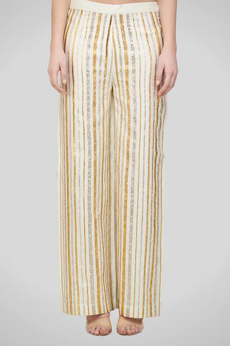 Buy_Gulabo By Abu Sandeep_White Cotton Silk Embroidered Striped Pants_Online_at_Aza_Fashions