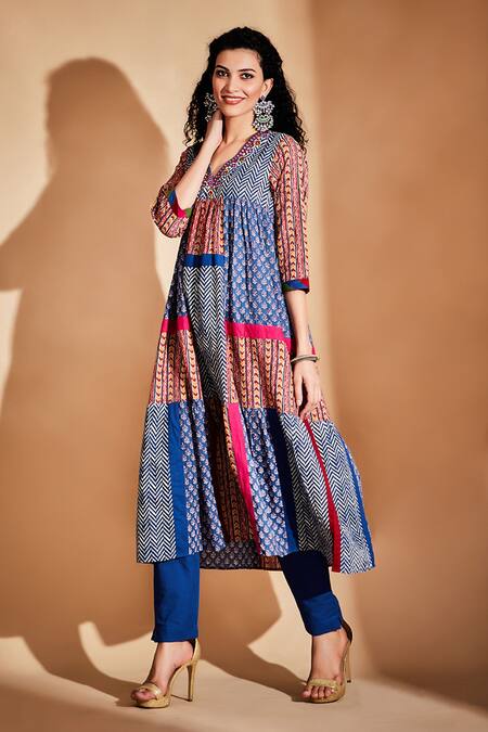 Gulabo By Abu Sandeep Multi Color Patchwork Ajrakh Print Kurta Online at Aza Fashions Gulabo By Abu Sandeep_Multi Color Patchwork Ajrakh Print Kurta _Online_at_Aza_Fashions