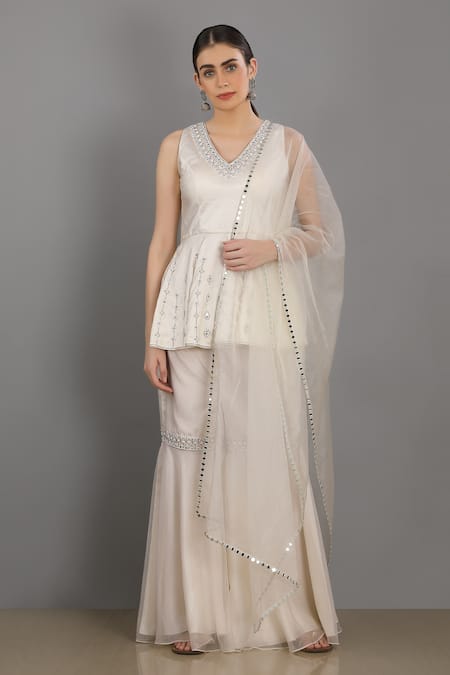 Asaga White Organza, Satin, Linen V Neck Embroidered Peplum Top And Sharara Set