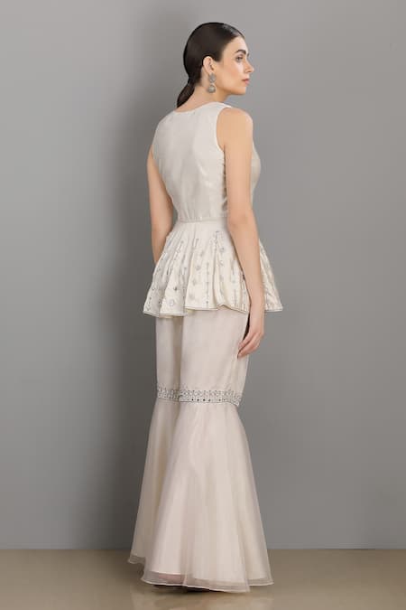 Shop Asaga White Organza, Satin, Linen V Neck Embroidered Peplum Top And Sharara Set at Aza Fashions Shop_Asaga_White Organza, Satin, Linen V Neck Embroidered Peplum Top And Sharara Set _at_Aza_Fashions