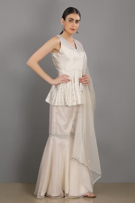 Asaga White Organza, Satin, Linen V Neck Embroidered Peplum Top And Sharara Set Online at Aza Fashions Asaga_White Organza, Satin, Linen V Neck Embroidered Peplum Top And Sharara Set _Online_at_Aza_Fashions