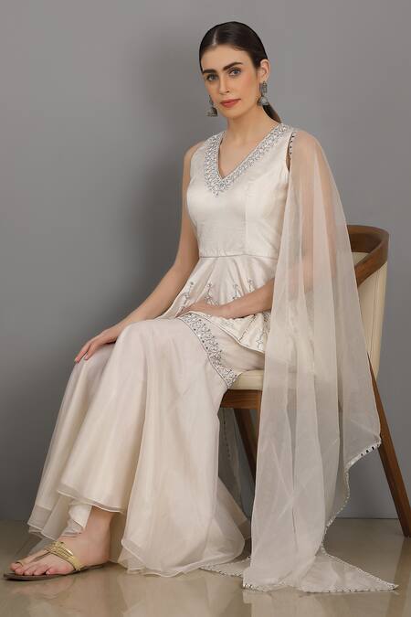 Buy Asaga White Organza, Satin, Linen V Neck Embroidered Peplum Top And Sharara Set Online at Aza Fashions Buy_Asaga_White Organza, Satin, Linen V Neck Embroidered Peplum Top And Sharara Set _Online_at_Aza_Fashions