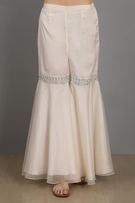 Asaga White Organza, Satin, Linen V Neck Embroidered Peplum Top And Sharara Set at Aza Fashions Asaga_White Organza, Satin, Linen V Neck Embroidered Peplum Top And Sharara Set _at_Aza_Fashions