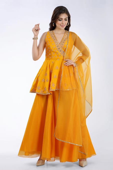 Asaga Orange Organza, Satin, Linen V Neck Embroidered Peplum Top Sharara Set