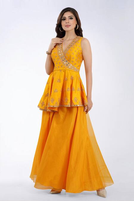 Asaga Orange Organza, Satin, Linen V Neck Embroidered Peplum Top Sharara Set Online at Aza Fashions Asaga_Orange Organza, Satin, Linen V Neck Embroidered Peplum Top Sharara Set _Online_at_Aza_Fashions
